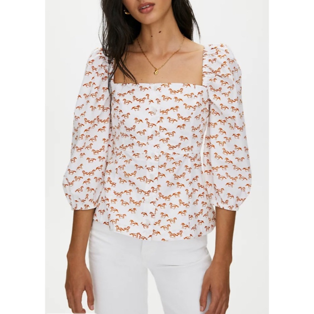 Women's White and Brown Horse Print Top